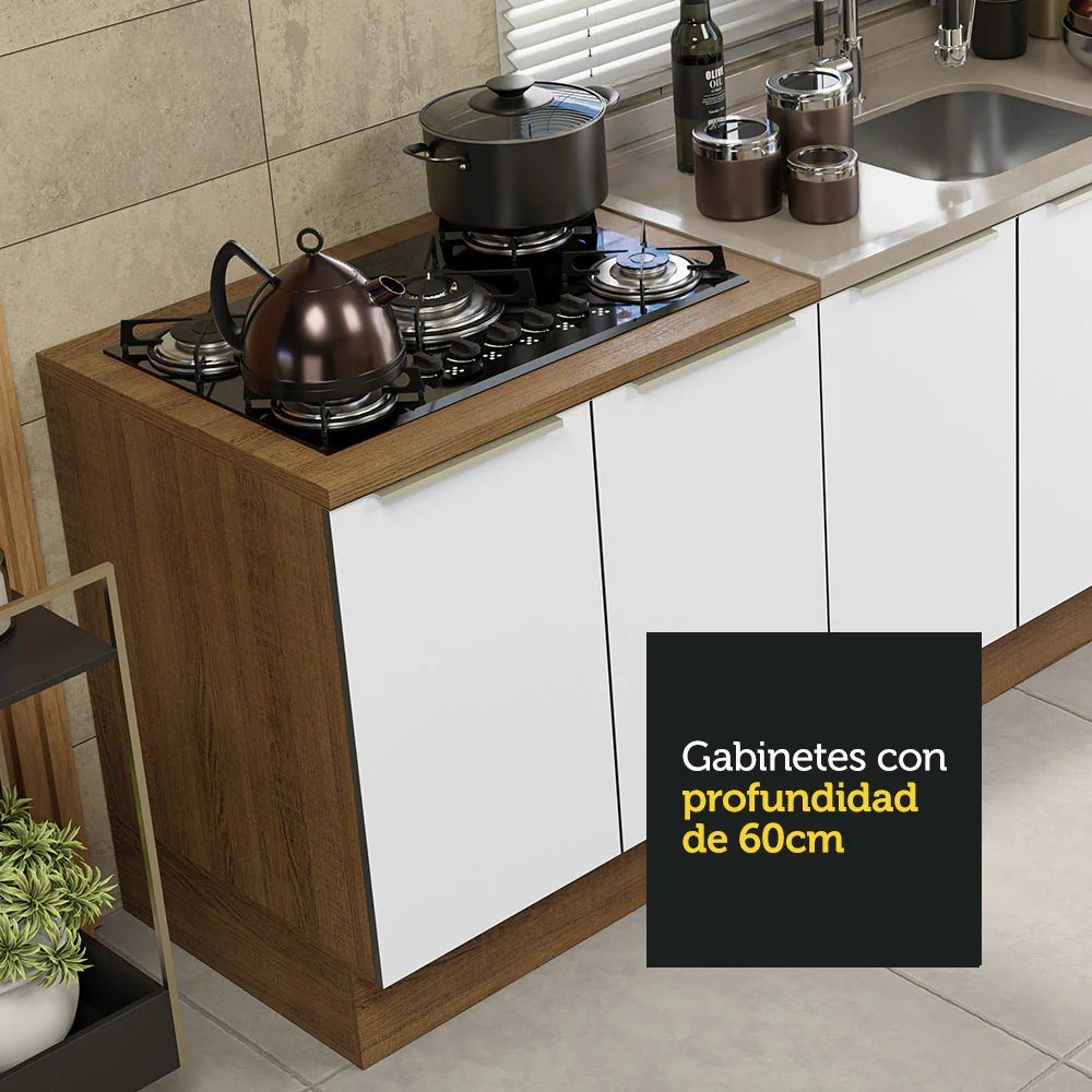 Combo con 2 Bajos Mesadas de Cocina 4 Puetas 3 Cajones 200 x 60 cm (Sin Mesada y Bacha) Marrón/Blanco Aterciopelado Lux Madesa - Image 9