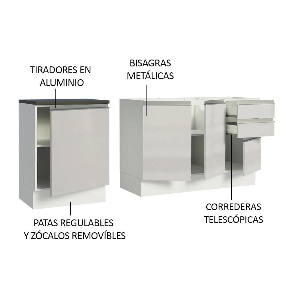 Combo con 2 Bajos Mesadas de Cocina Madesa Acordes 100% MDF (Sin Mesada y Bacha) Frentes Blanco Brillante - Image 3