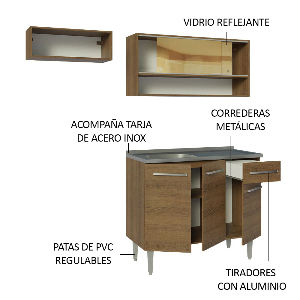 Combo de Cocina Compacta 165cm con Bacha de acero inoxidable Marrón Emilly Madesa 01 - Image 4
