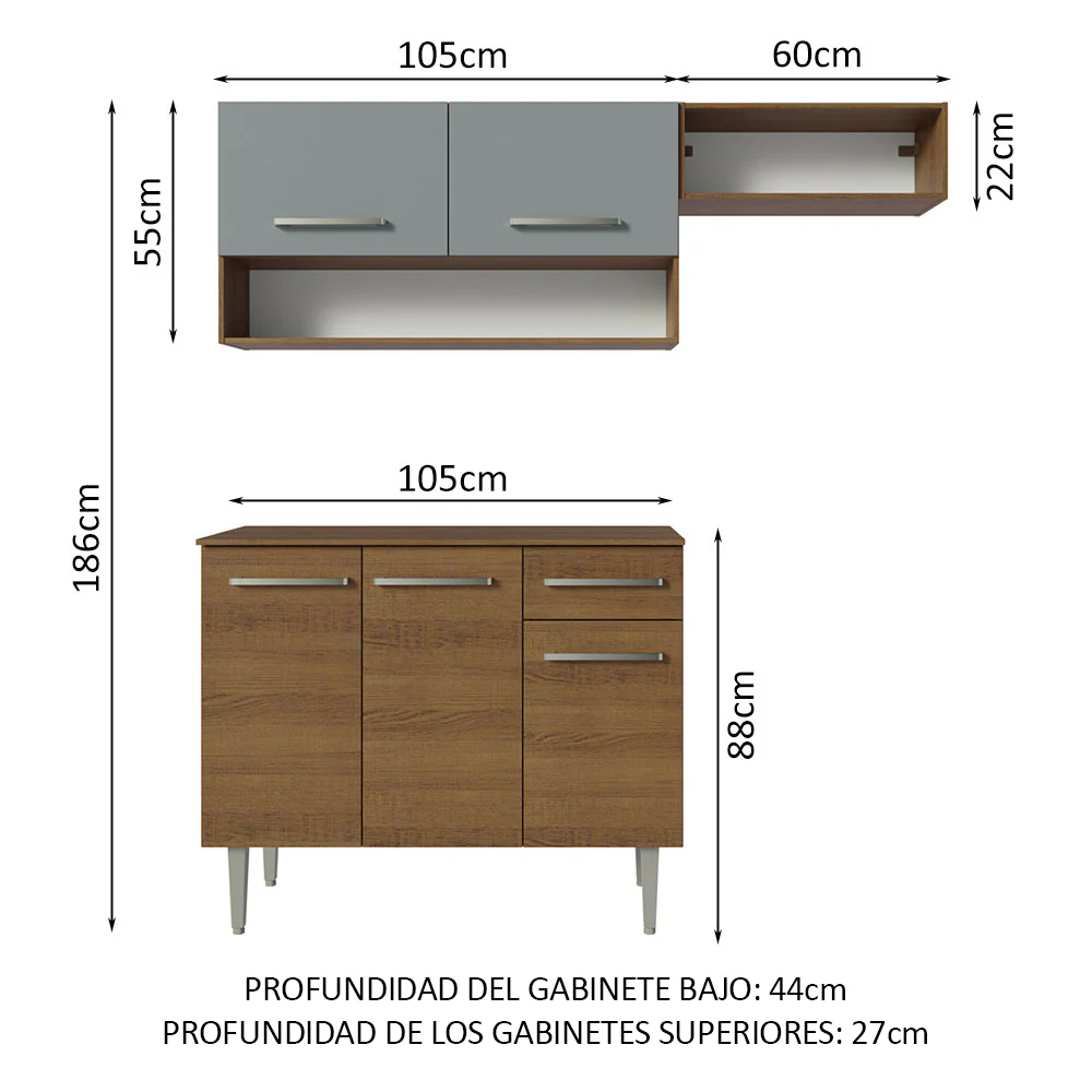 Combo de Cocina Compacta 165cm Marrón/Gris Emilly Madesa 07 - Image 3