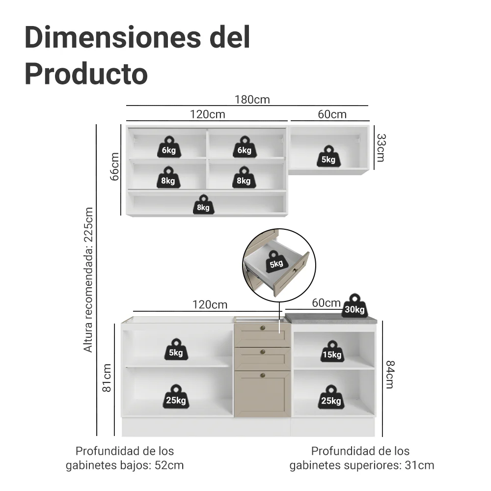 Combo de Cocina Compacta 180 cm Blanco/Crema Vik Madesa 05 - Image 2