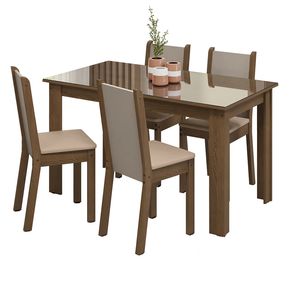 Conjunto Comedor Mesa Mesada de Vidro 4 Sillas Marrón/Crema/Bege Suzy Madesa - Image 3