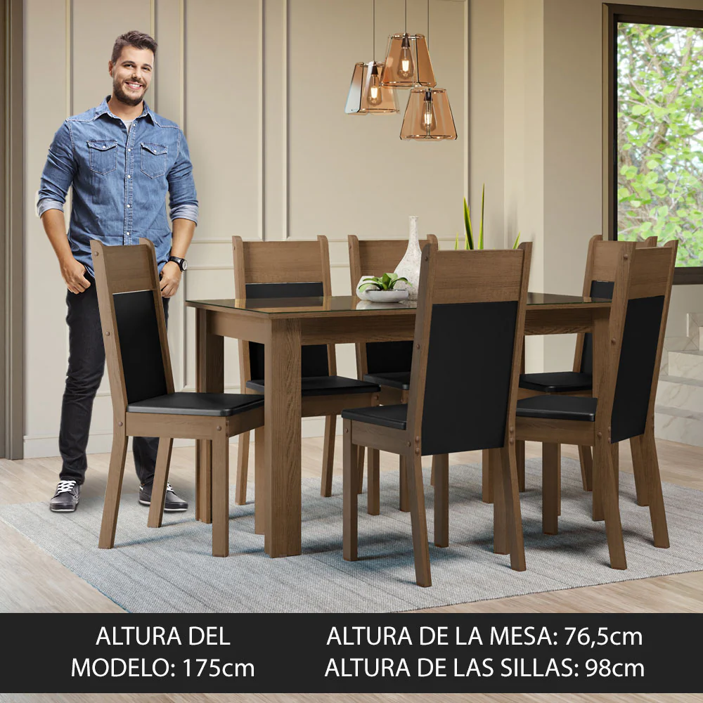 Conjunto Comedor Mesa Mesada de Vidro 6 Sillas Marrón/Negro Zoe Madesa - Image 4