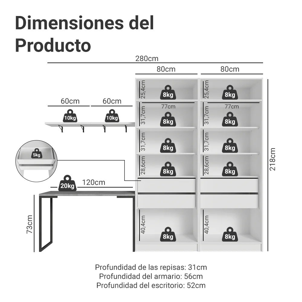 Conjunto Home Office 2 Placard con Espejos Neo 1 Escritorio y 2 Repisas Blanco Madesa - Image 2