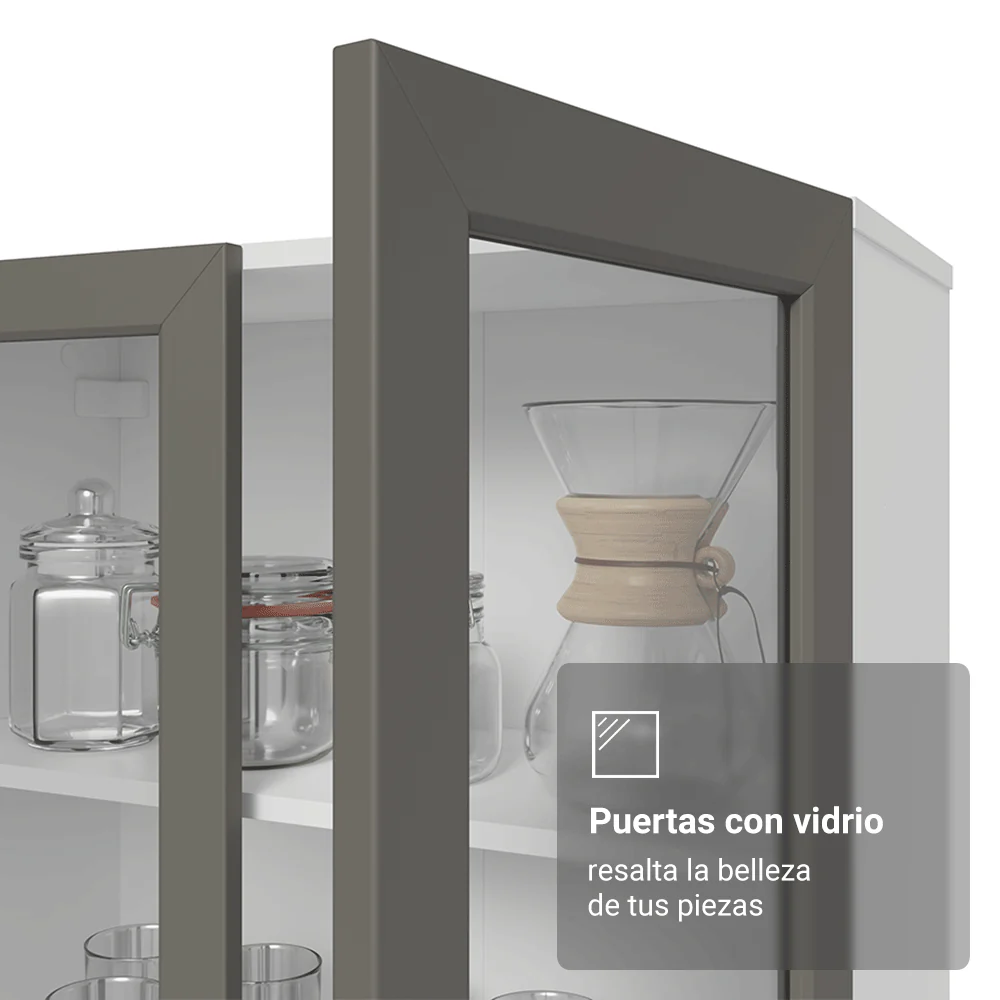 Cristalero 70 cm 2 Puertas de Vidrio con Patas Vik Blanco/Gris/Blanco - Image 7