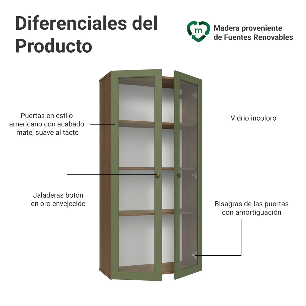 Cristalero Sin Patas 70 cm 2 Puertas de Vidrio Vik Marrón/Verde - Image 3