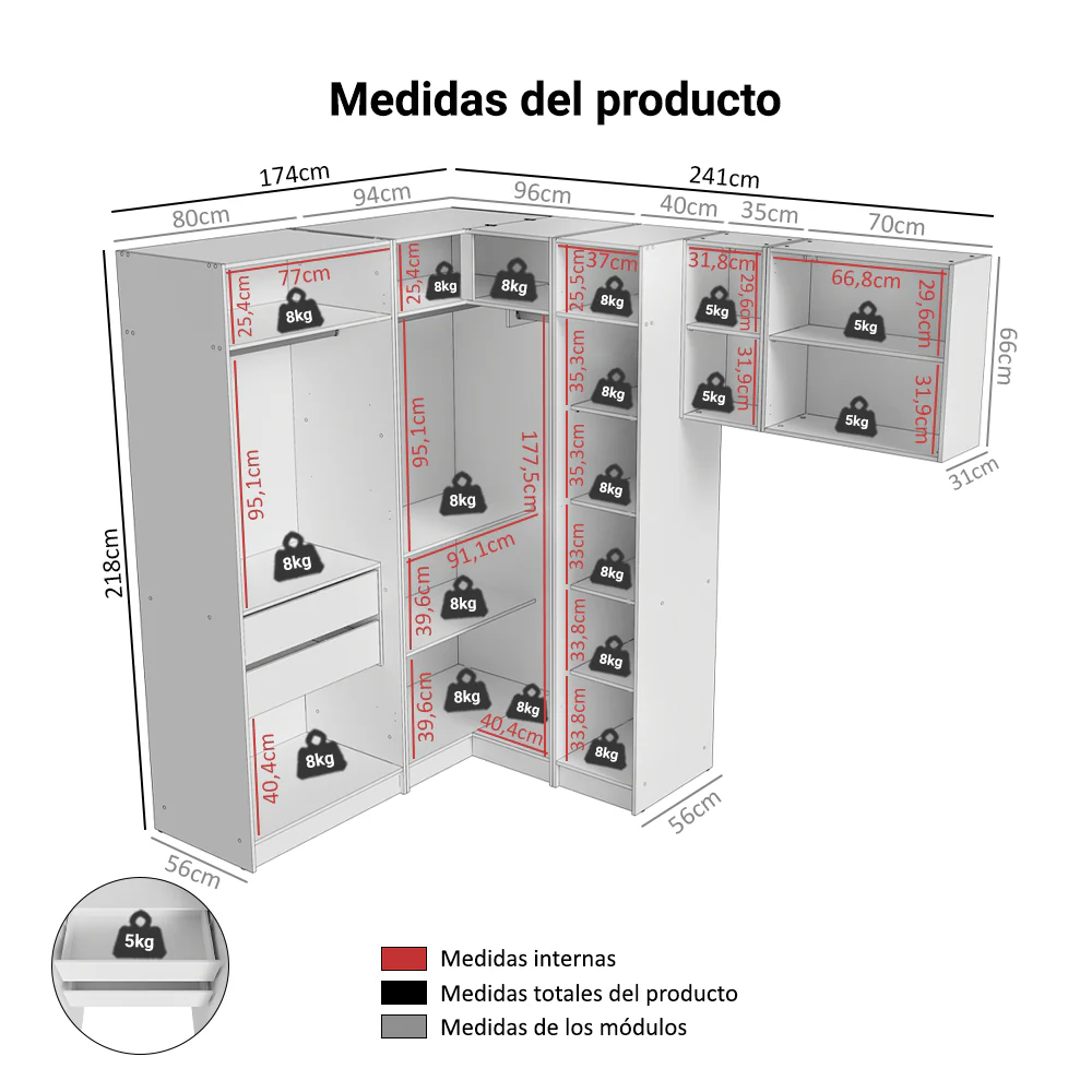 Dormitorio Completo de Esquinero Individual 415 cm Placard con Espejos Blanco Neo Madesa 02 - Image 2