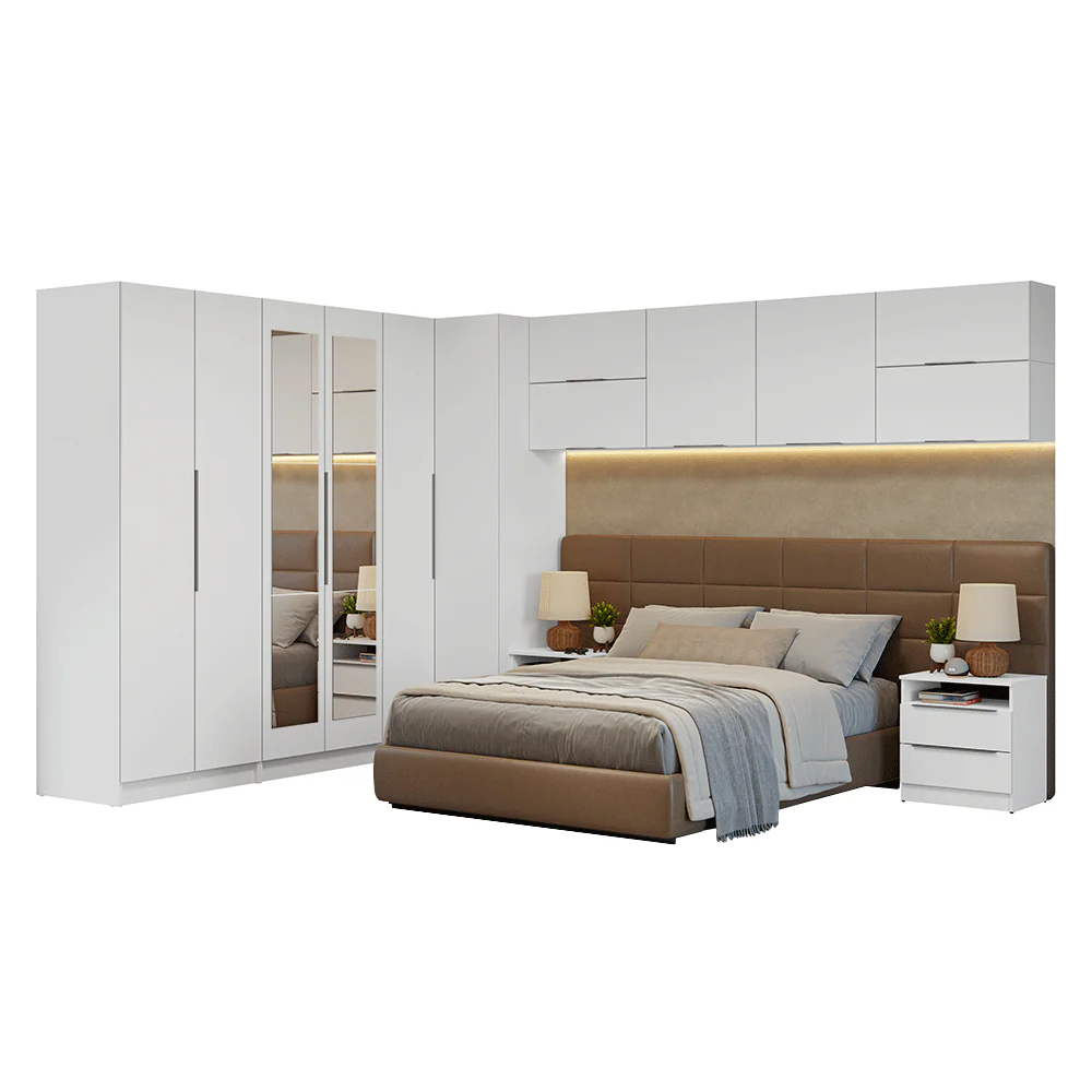 Dormitorio Completo de Esquinero Matrimonial 610 cm con Mesa de Luz Blanco Neo Madesa - Image 3