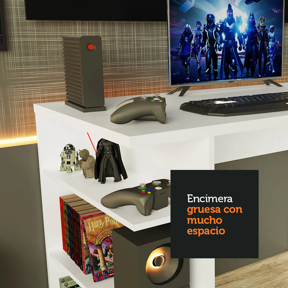 Escritorio Gamer Madesa 9409 con Panel para TV hasta 50 Pulgadas Blanco/Negro - Image 7