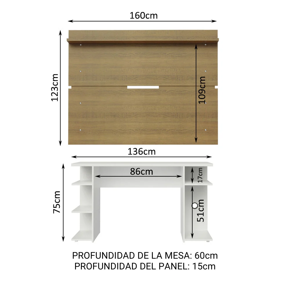 Escritorio Gamer Moderno Madesa + Panel para TV Hasta 65 Pulgadas Blanco/Marrón - Image 2