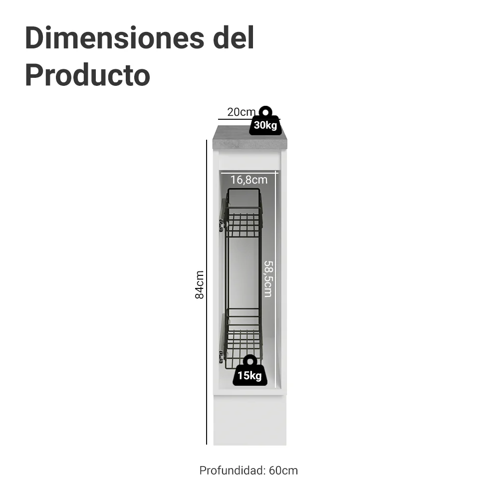 Especiero 20 cm X 60 cm, 1 puerta (Con Mesada) Blanco/Gris Lux Madesa - Image 2