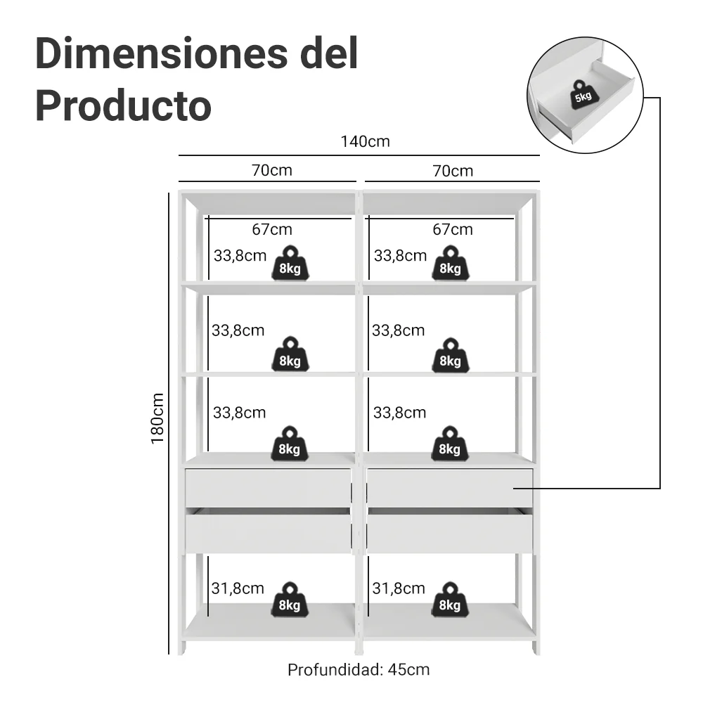 Estante Mueble Multiuso para Livros 4 Cajones 8 Repisas 140cm Blanco Madesa - Image 2