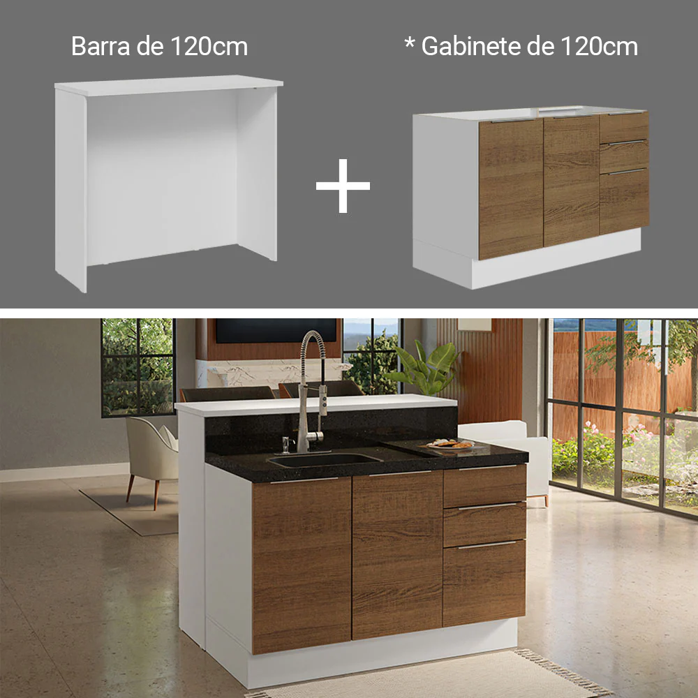 Isla de Cocina con Barra desayunador y Bajo Mesada 120 cm Blanco/Marrón Stella Madesa - Image 7