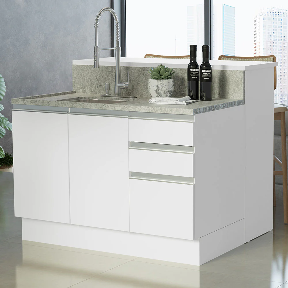 Isla de Cocina con Barra desayunador y Bajo mesada 120 cm Blanco Glamy Madesa