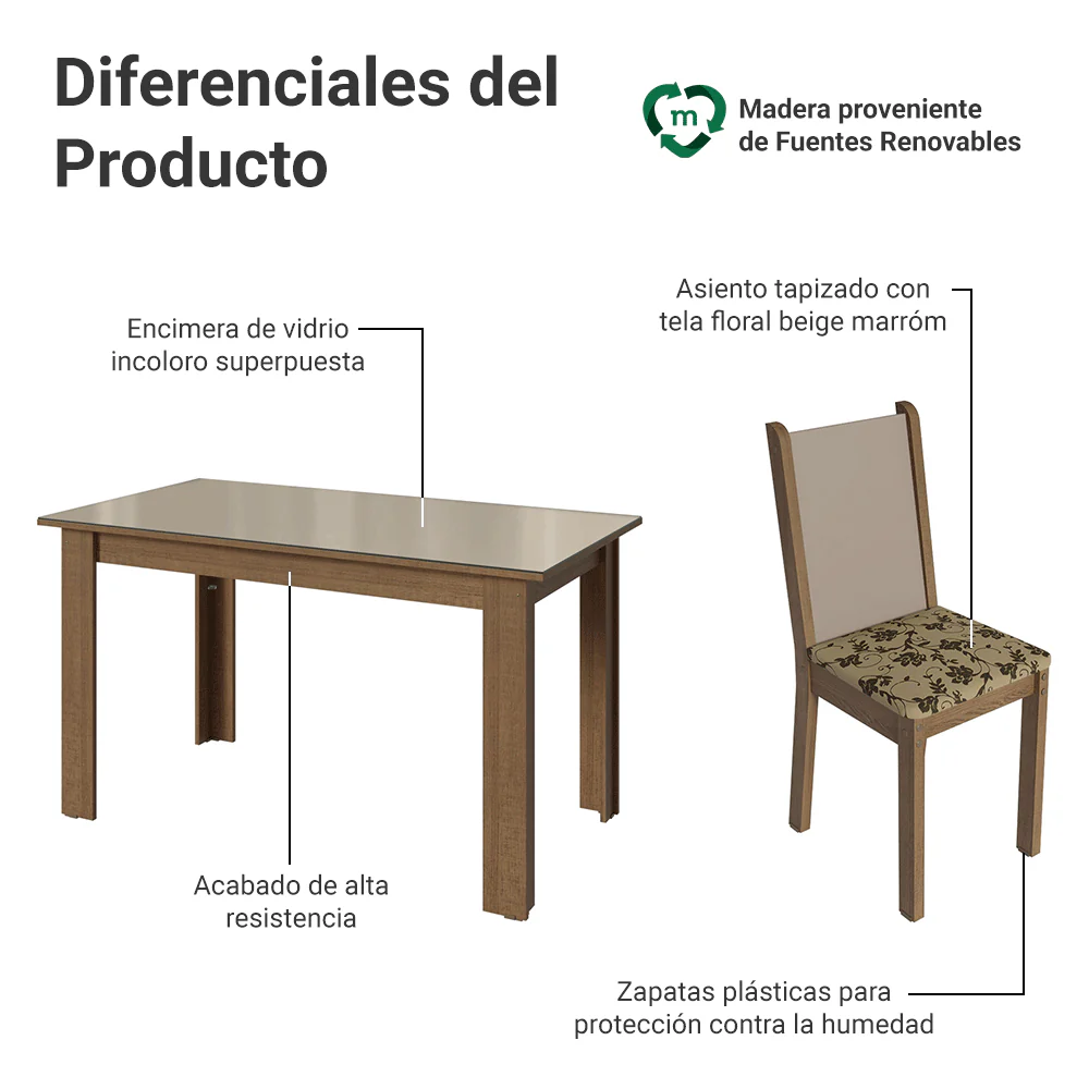 Juego Comedor Elóra Mesa Tapa de Vidrio 6 Sillas Marrón/Crema/Beige Madesa - Image 3