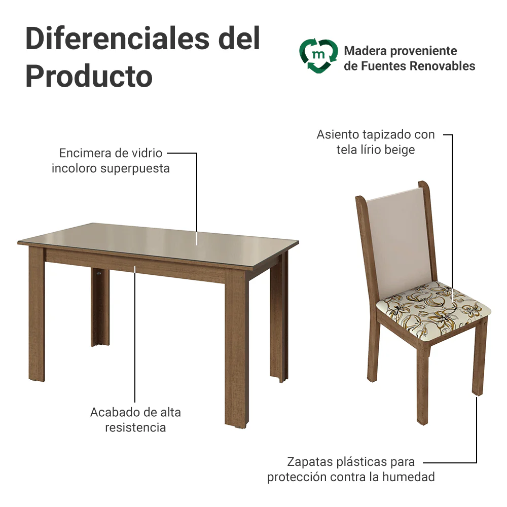 Juego Comedor Elóra Mesa Tapa de Vidrio 6 Sillas Marrón/Crema/Lírio Beige Madesa - Image 3