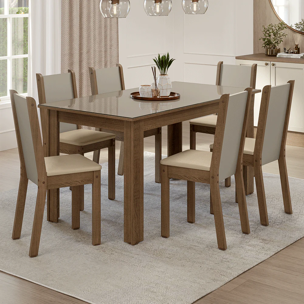 Juego Comedor Elóra Mesa Tapa de Vidrio 6 Sillas Marrón/Crema/Sintético Beige Madesa