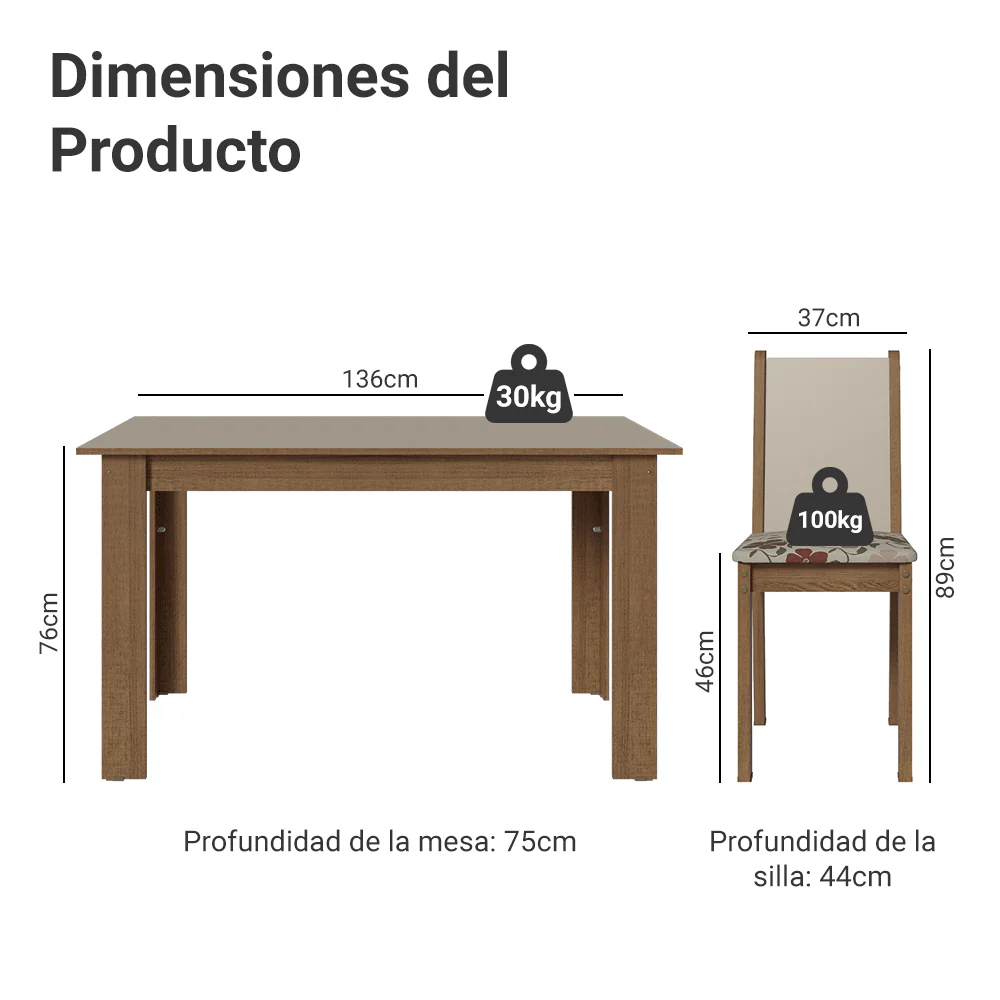 Juego Comedor Lucena Mesa Tapa de Madera 6 Sillas Marrón/Crema/Floral Hibiscos Madesa - Image 2