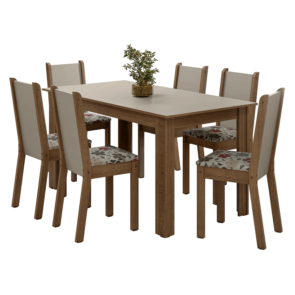 Juego Comedor Lucena Mesa Tapa de Madera 6 Sillas Marrón/Crema/Floral Hibiscos Madesa - Image 3