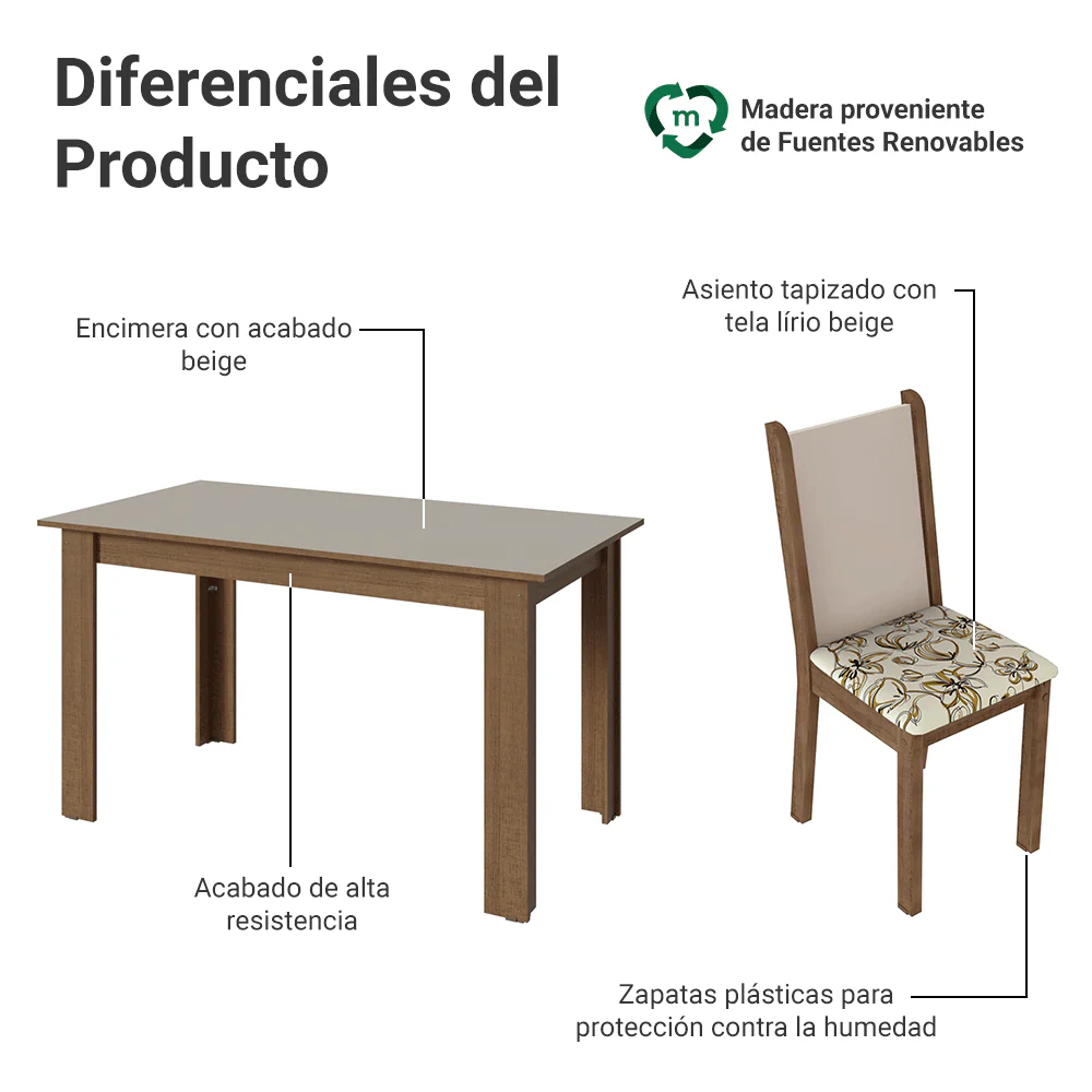 Juego Comedor Lucena Mesa Tapa de Madera 6 Sillas Marrón/Crema/Lírio Beige Madesa - Image 3