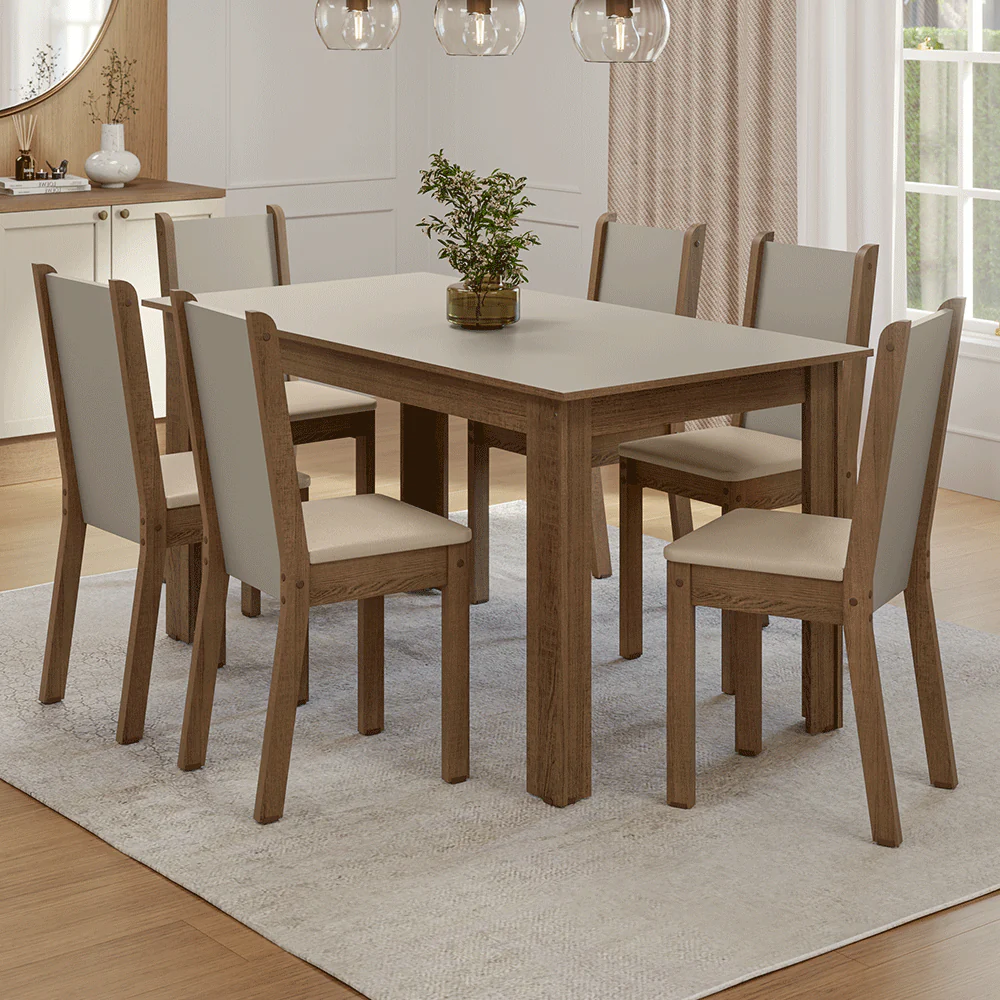 Juego Comedor Lucena Mesa Tapa de Madera 6 Sillas Marrón/Crema/Sintético Beige Madesa