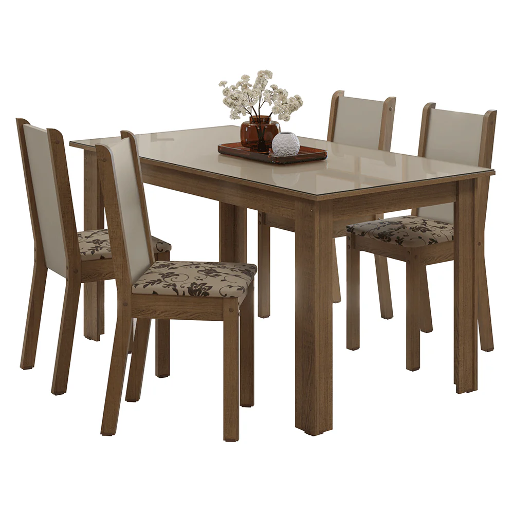 Juego Comedor Magnólia Mesa Tapa de Vidrio 4 Sillas Marrón/Crema/Beige Marrón Madesa - Image 3