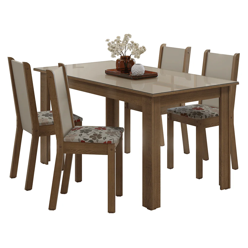 Juego Comedor Magnólia Mesa Tapa de Vidrio 4 Sillas Marrón/Crema/Floral Hibiscos Madesa - Image 3