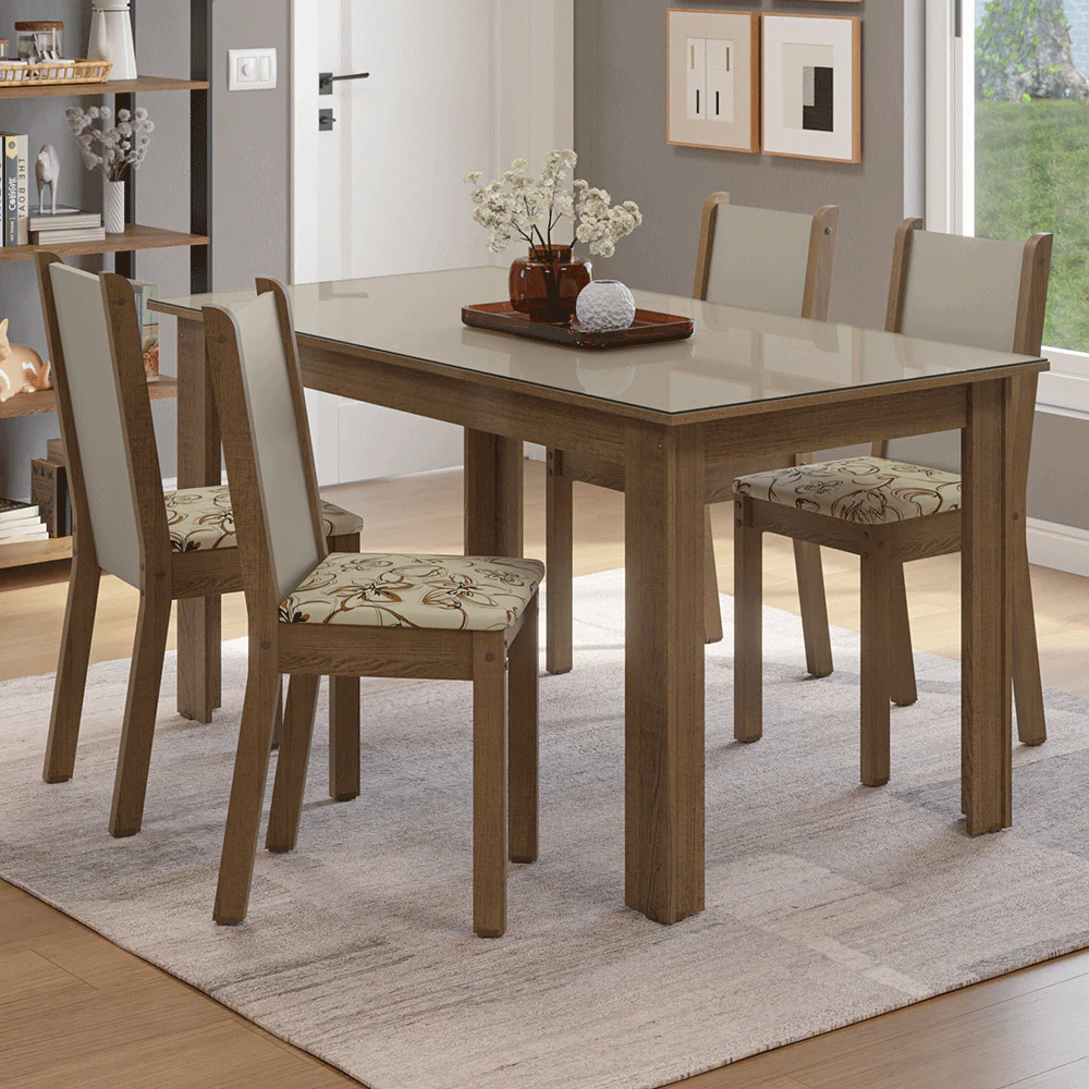 Juego Comedor Magnólia Mesa Tapa de Vidrio 4 Sillas Marrón/Crema/Lírio Beige Madesa