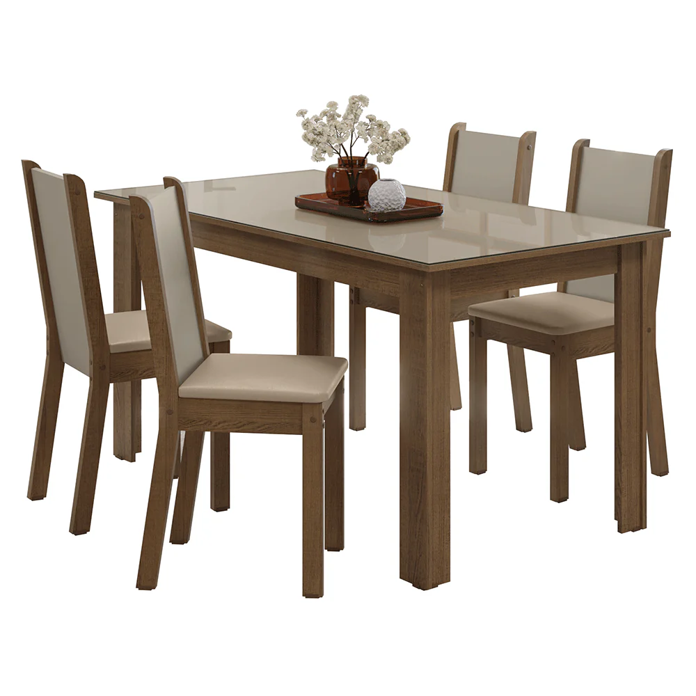 Juego Comedor Magnólia Mesa Tapa de Vidrio 4 Sillas Marrón/Crema/Sintético Beige Madesa - Image 3