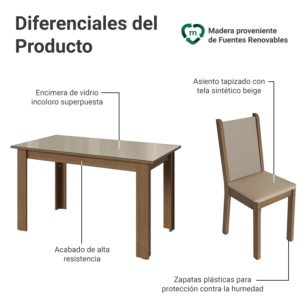 Juego Comedor Magnólia Mesa Tapa de Vidrio 4 Sillas Marrón/Crema/Sintético Beige Madesa - Image 4