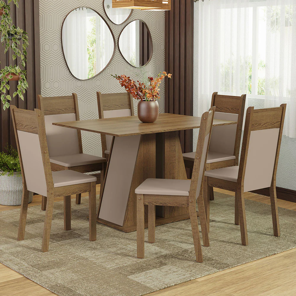 Juego Comedor Mesa con Tapa de Madera 6 Sillas Marrón/Crema/Beige Beverly Madesa