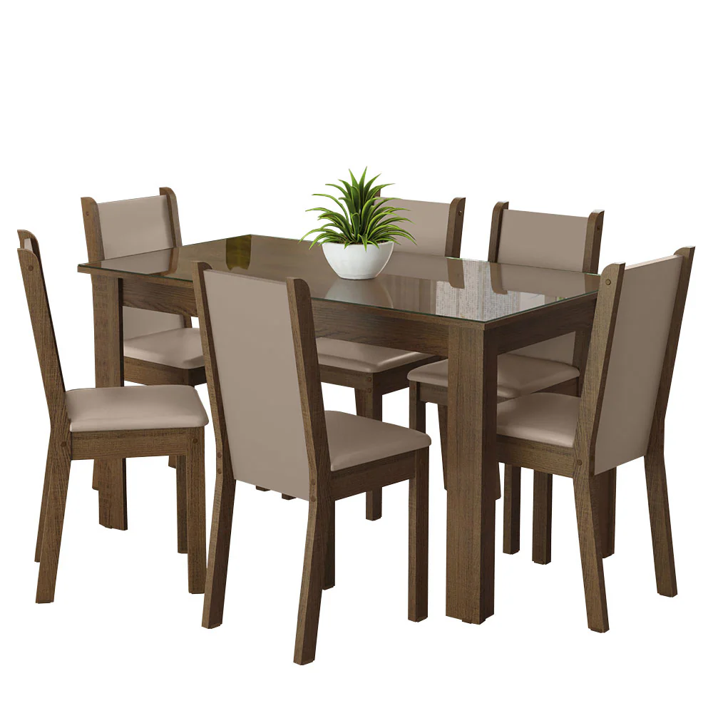 Juego Comedor Mesa con Tapa de Vidrio 6 Sillas Marrón/Crema/Beige Heloísa Madesa - Image 3