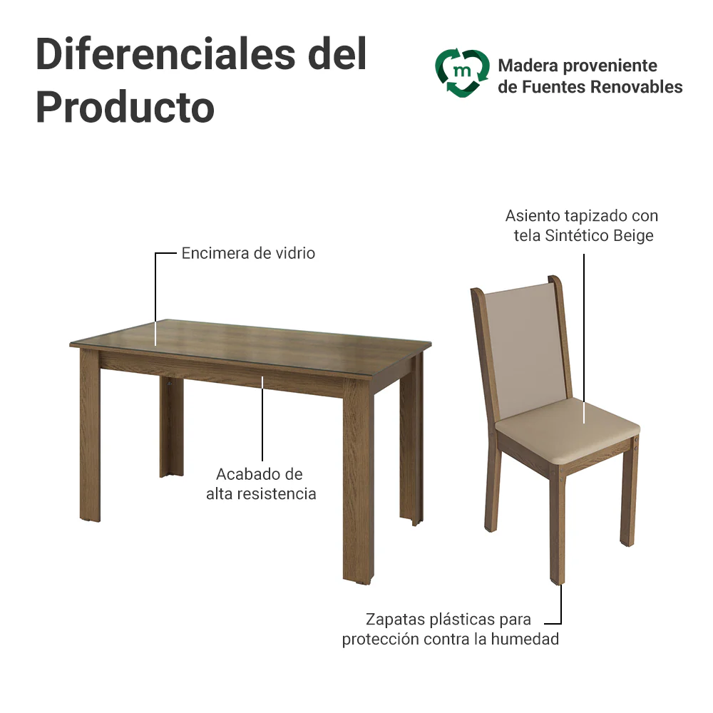 Juego Comedor Mesa con Tapa de Vidrio 6 Sillas Marrón/Crema/Beige Heloísa Madesa - Image 4