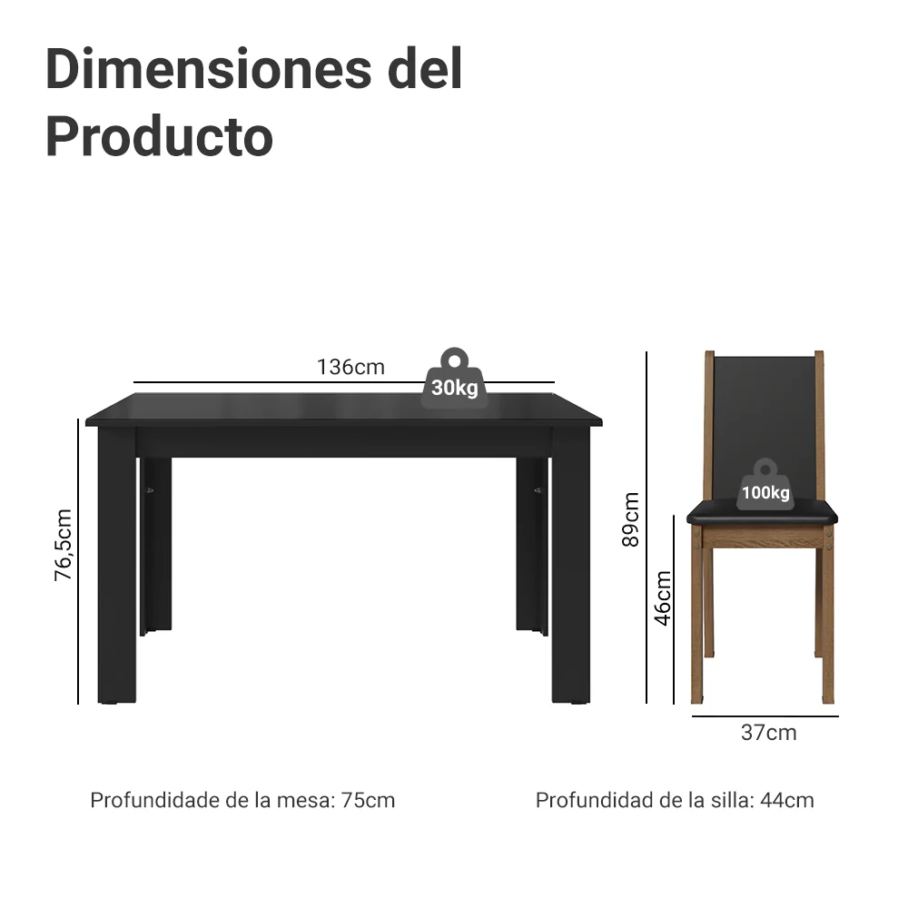 Juego Comedor Mesa con Tapa de Vidrio 6 Sillas Negro/Marrón Heloísa Madesa - Image 2