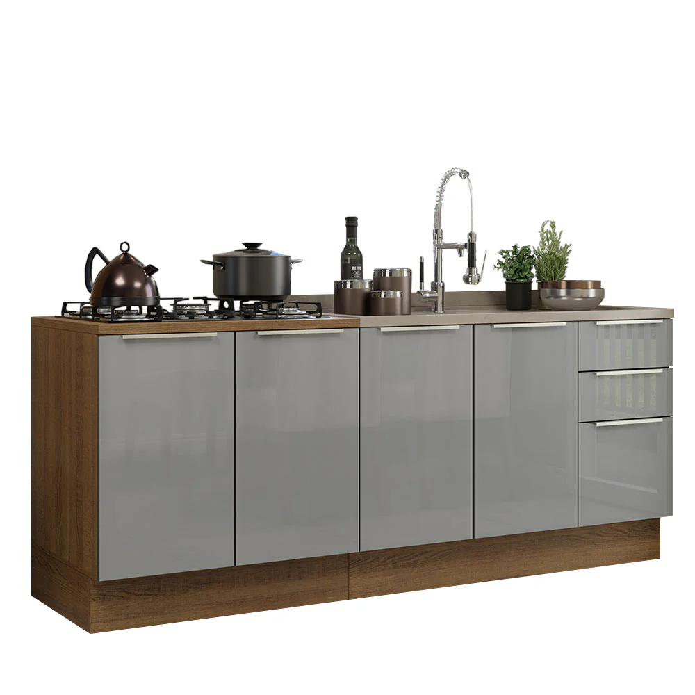 Juego de 2 gabinetes bajos de cocina Madesa Lux con 4 puertas y 3 cajones (sin mesada ni fregadero) Marrón/Gris - Image 3