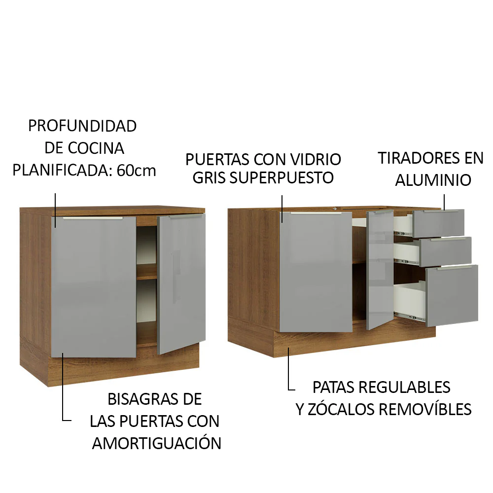 Juego de 2 gabinetes bajos de cocina Madesa Lux con 4 puertas y 3 cajones (sin mesada ni fregadero) Marrón/Gris - Image 4