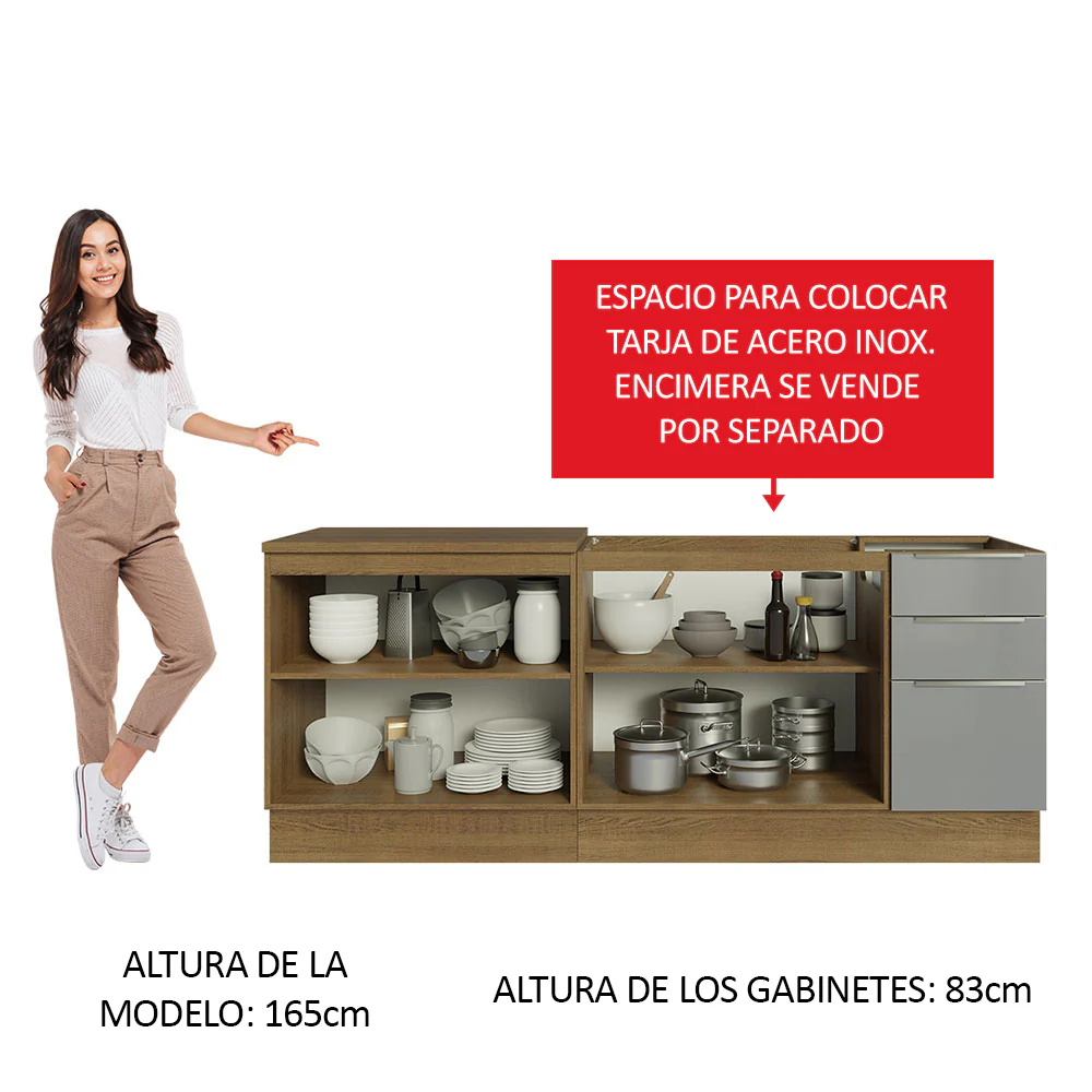 Juego de 2 gabinetes bajos de cocina Madesa Lux con 4 puertas y 3 cajones (sin mesada ni fregadero) Marrón/Gris - Image 5