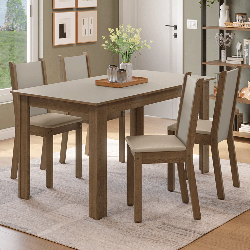Juego de Comedor Alva Mesa Tapa de Madera 4 Sillas Marrón/Crema/Sintético Beige Madesa