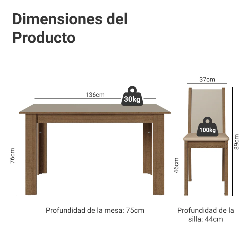 Juego de Comedor Alva Mesa Tapa de Madera 4 Sillas Marrón/Crema/Sintético Beige Madesa - Image 2