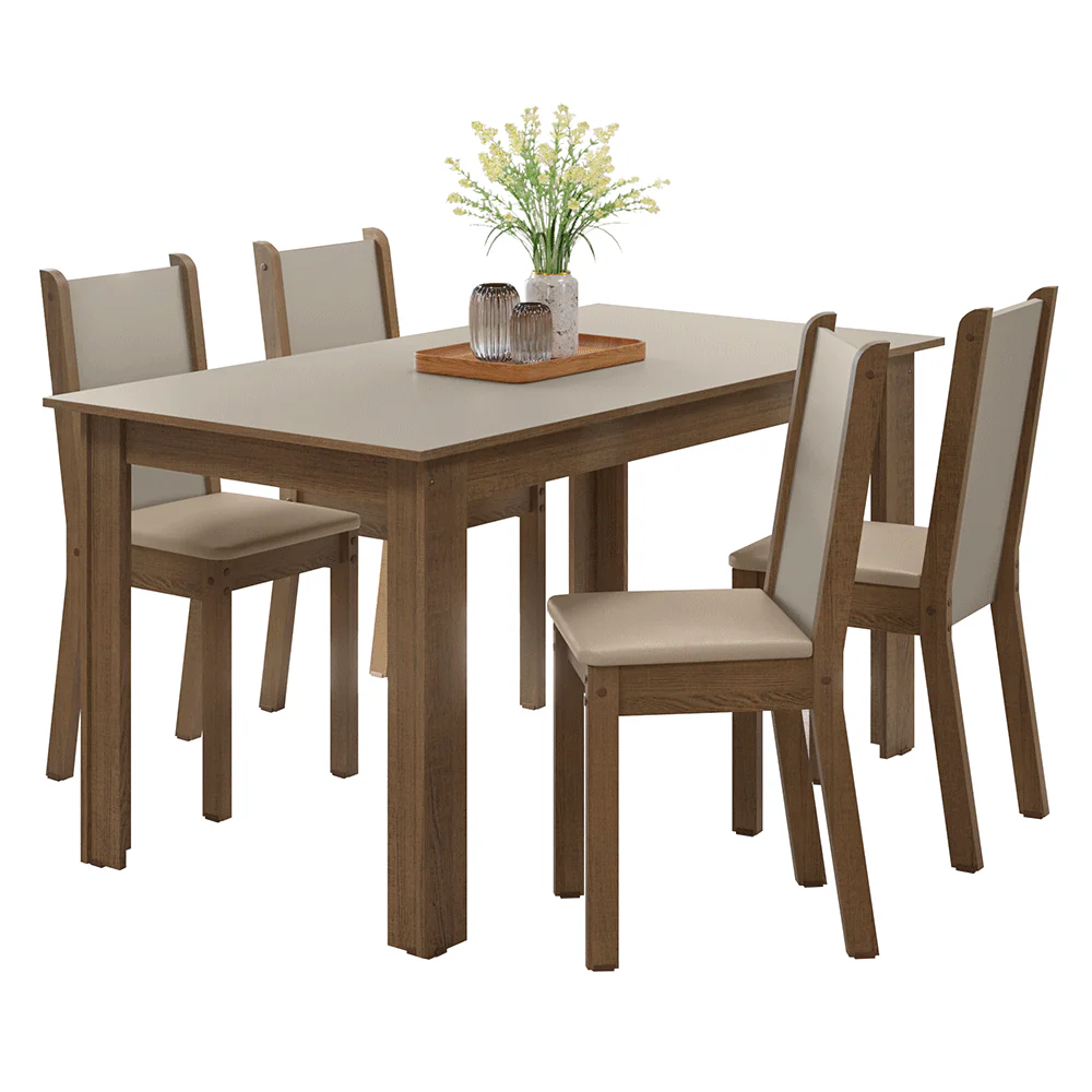 Juego de Comedor Alva Mesa Tapa de Madera 4 Sillas Marrón/Crema/Sintético Beige Madesa - Image 3