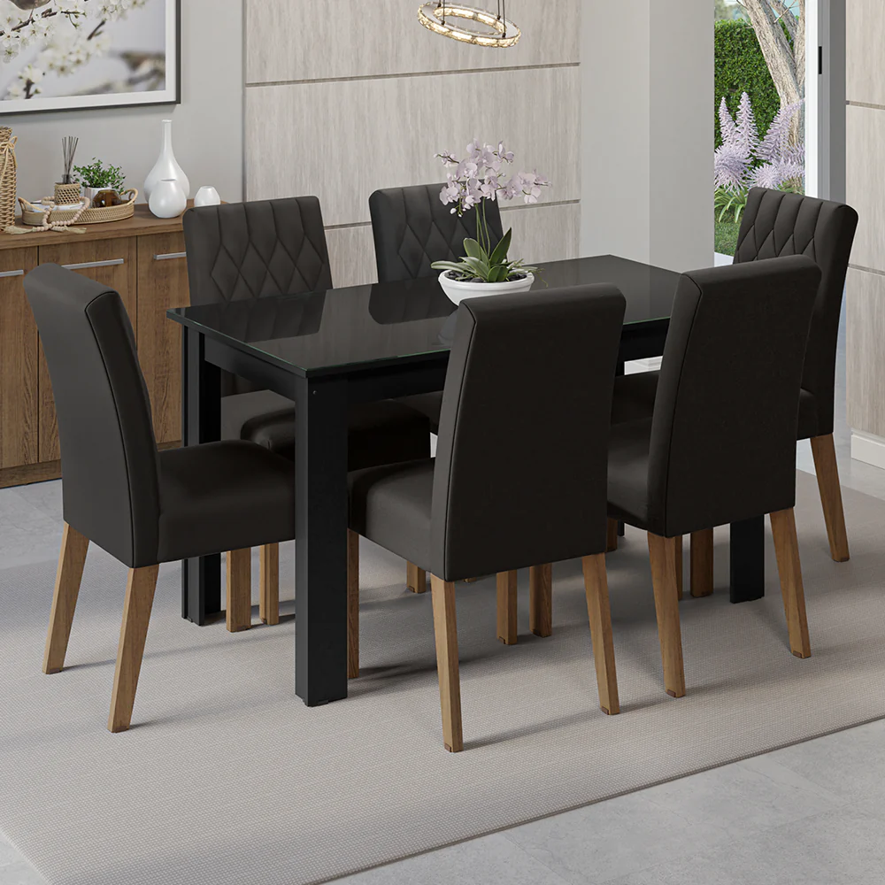 Juego de Comedor con Mesa de Tapa de Vidrio y 6 Sillas Negro/Oxford Odara Madesa