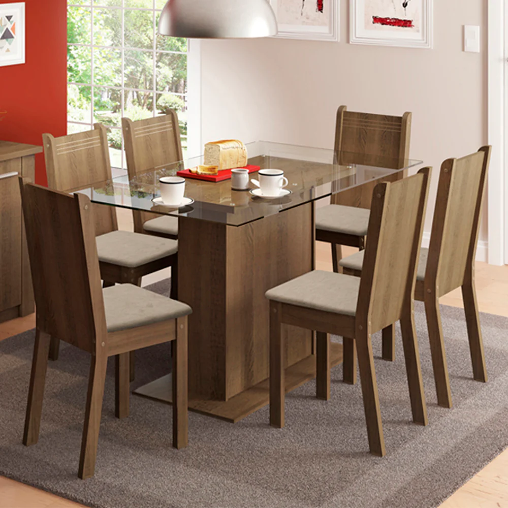 Juego de Comedor Madesa Gales Mesa Tapa de Vidrio con 6 Sillas Marrón/Sintético Beige