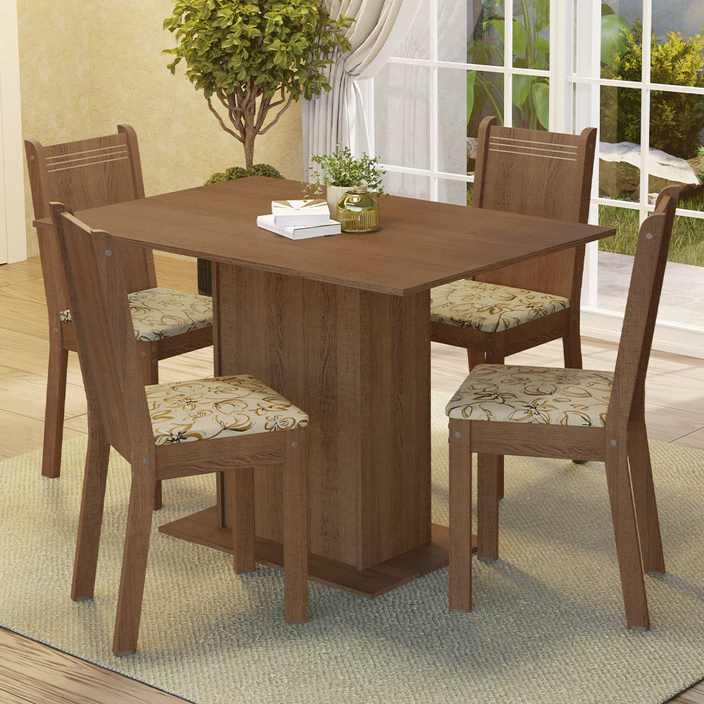 Juego de Comedor Madesa Luana Mesa Tapa de Madera con 4 Sillas Marrón/Lírio Beige