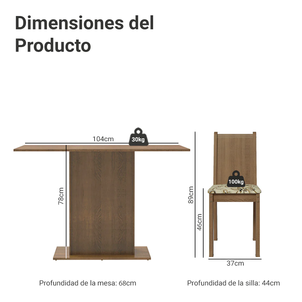 Juego de Comedor Madesa Luana Mesa Tapa de Madera con 4 Sillas Marrón/Lírio Beige - Image 2