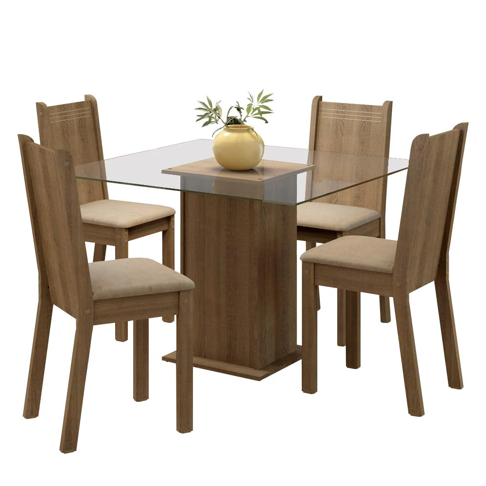 Juego de Comedor Madesa Maya Mesa Tapa de Vidrio con 4 Sillas Marrón/Sintético Beige - Image 3