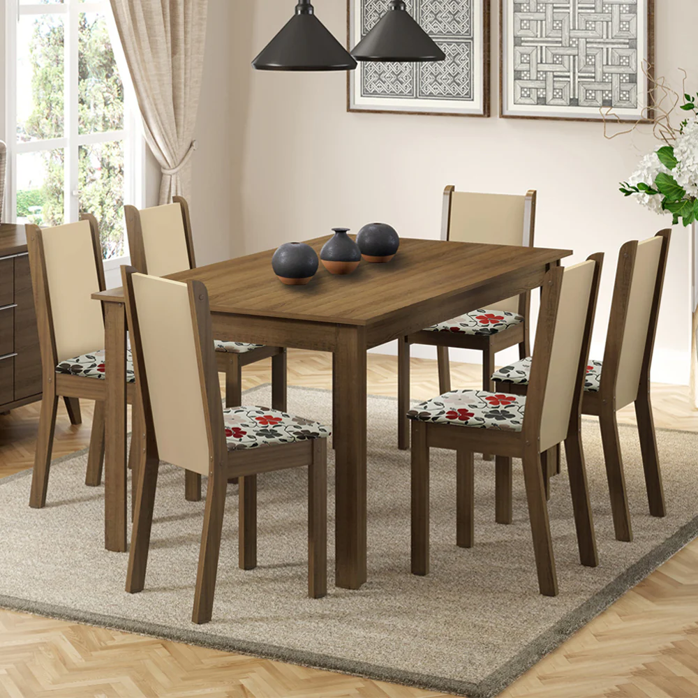 Juego de Comedor Madesa Miriam Mesa Tapa de Madera con 6 Sillas Marrón/Crema/Floral Hibiscos