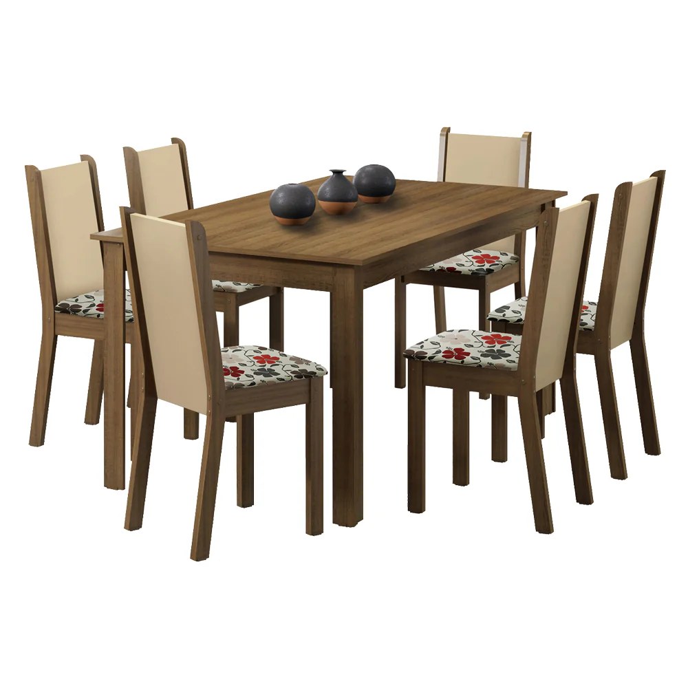 Juego de Comedor Madesa Miriam Mesa Tapa de Madera con 6 Sillas Marrón/Crema/Floral Hibiscos - Image 4