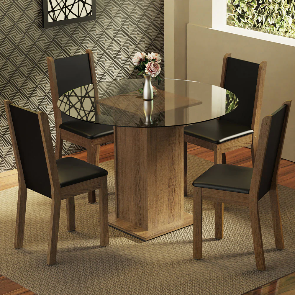Juego de Comedor Madesa Nanda Mesa Tapa de Vidrio Redondo 4 Sillas Marrón/Negro