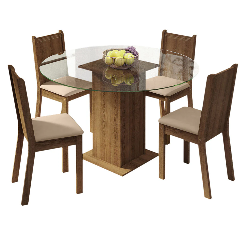 Juego de Comedor Madesa Paula Mesa Tapa de Vidrio Redondo 4 Sillas Marrón/Beige - Image 3