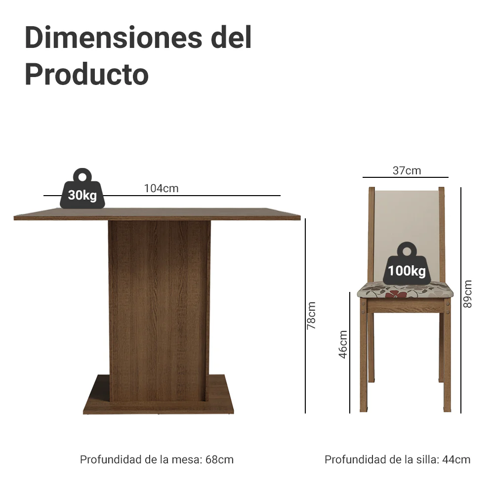 Juego de Comedor Madesa Talita Mesa Tapa de Madera con 4 Sillas Marrón/Crema/Floral Hibiscos - Image 2
